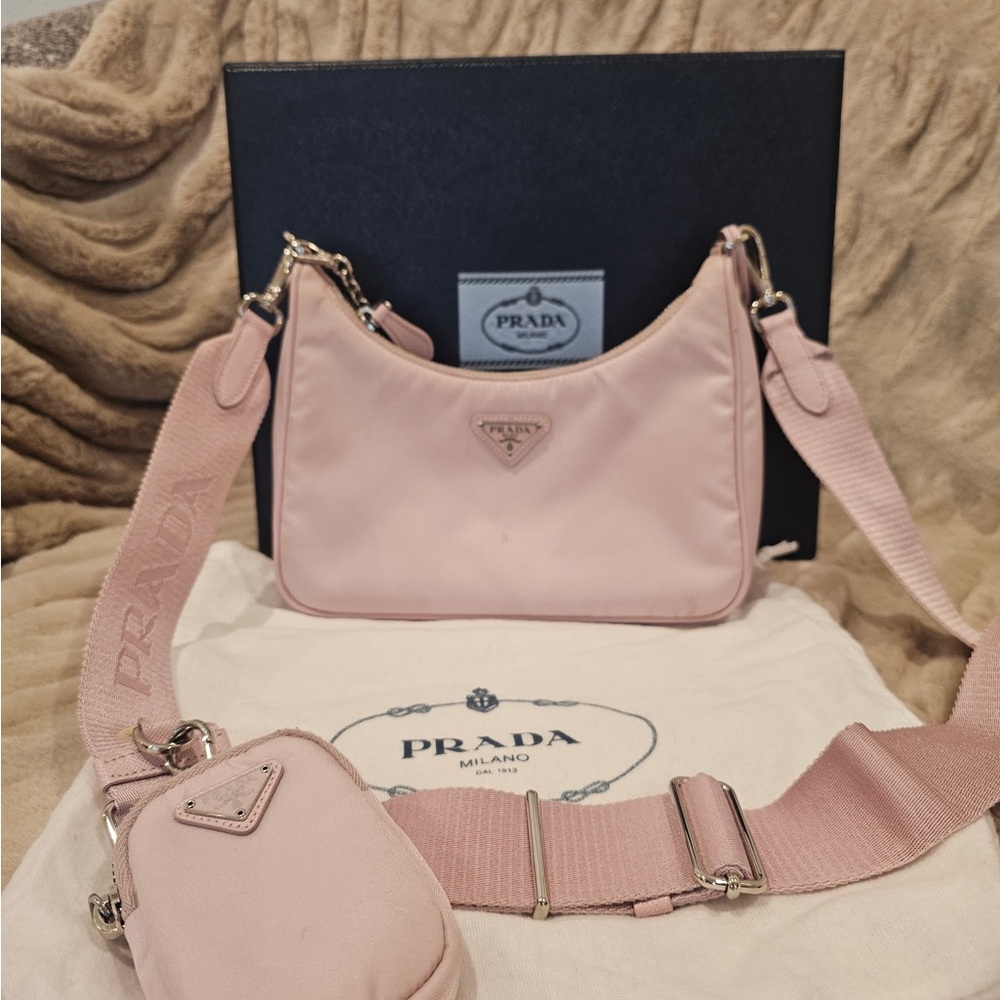 Prada Re Edition  Blush Pink Nylon Shoulder Bag with Detachable Strap